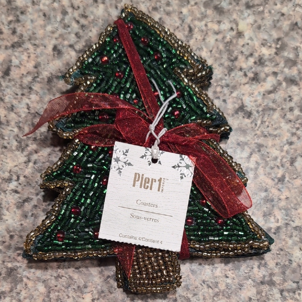 Pier 1 Green and Gold Beaded Christmas Tree Coasters